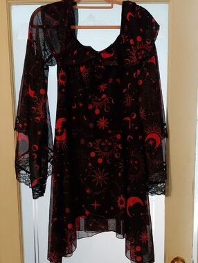 Black Sheer Tunic Dress with Red Celestial Print
